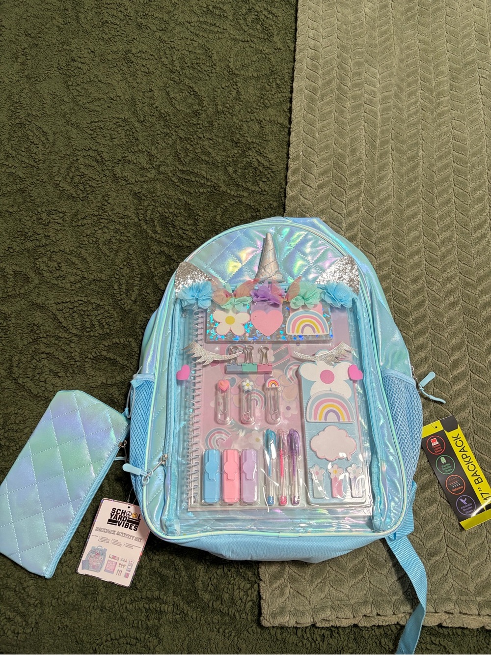 Holographic Light Blue Unicorn Kids Backpack with Stationery Set